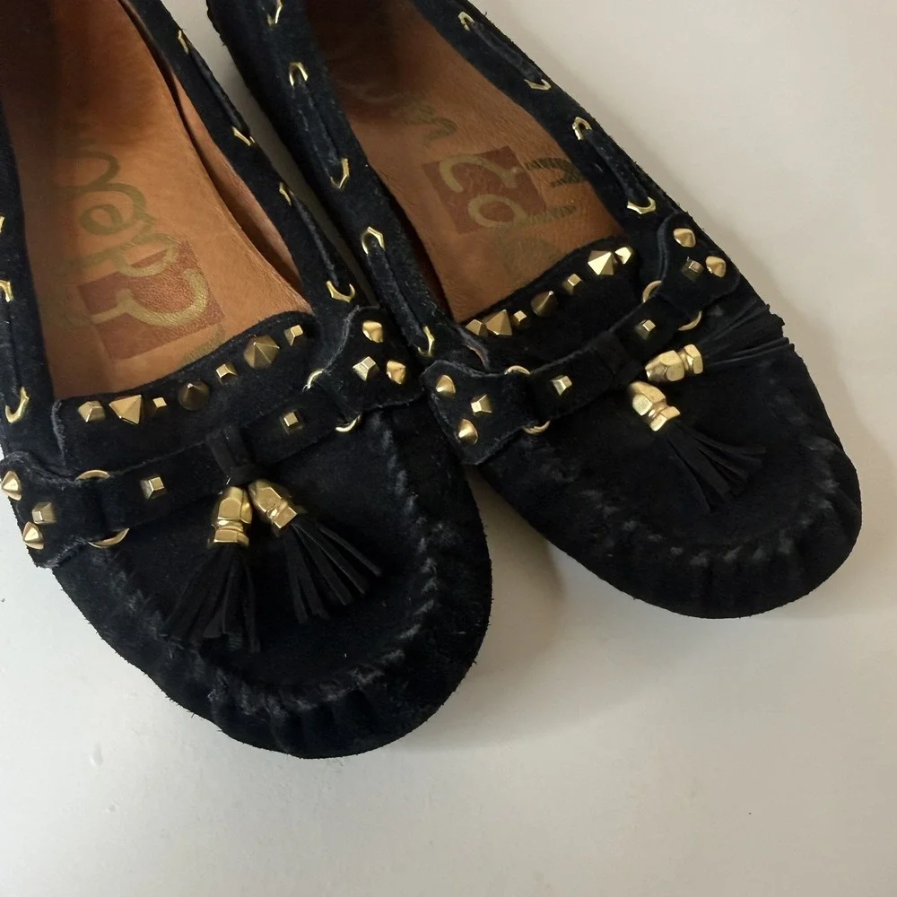 Sam Edelman Studded Black Loafer Penny Moccasin With Tassels, Women's 8